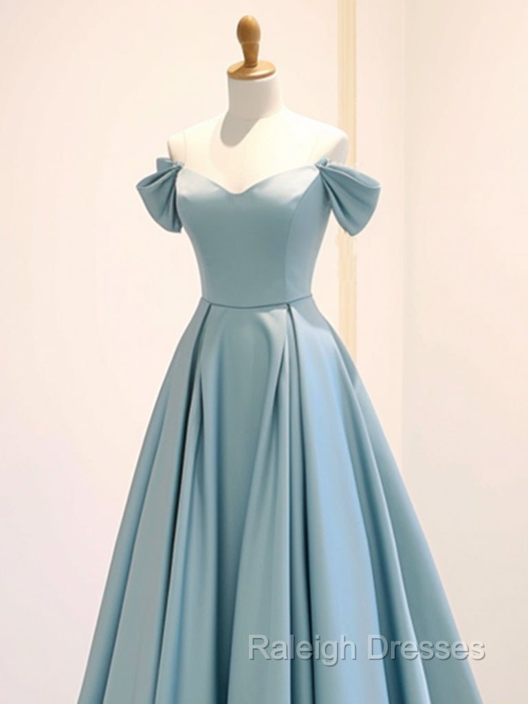 A-Line Off Shoulder Satin Blue Long Prom Dress, Blue Long Formal Dress