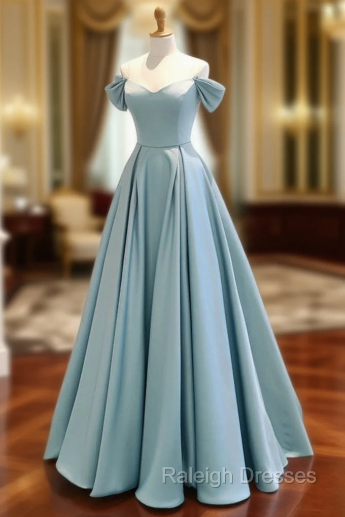 A-Line Off Shoulder Satin Blue Long Prom Dress, Blue Long Formal Dress