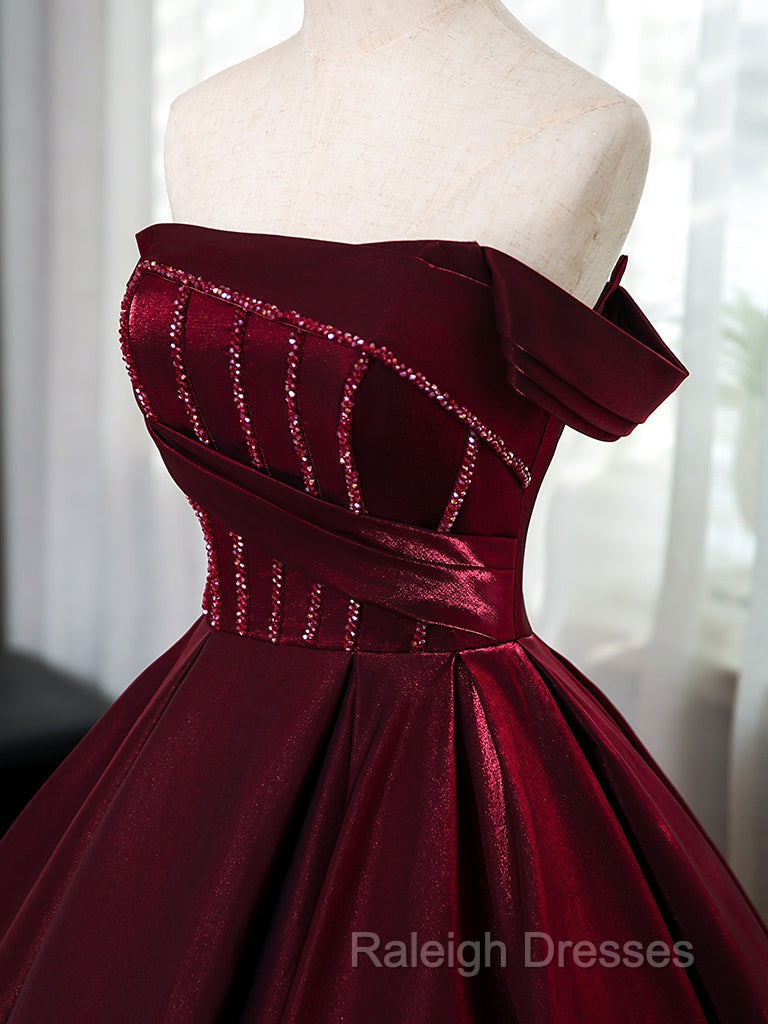 A-Line Off Shoulder Satin Burgundy Long Prom Dress, Burgundy Evening Dress With Beads Secondary image