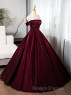 A-Line Off Shoulder Satin Burgundy Long Prom Dress, Burgundy Evening Dress With Beads