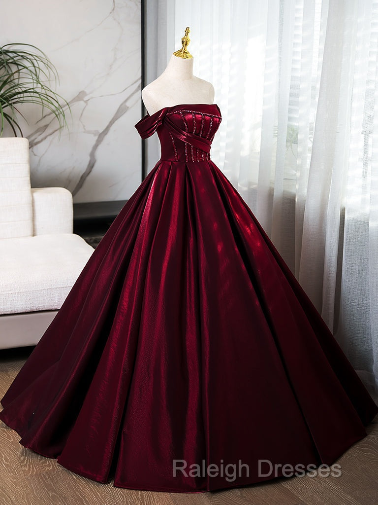 A-Line Off Shoulder Satin Burgundy Long Prom Dress, Burgundy Evening Dress With Beads