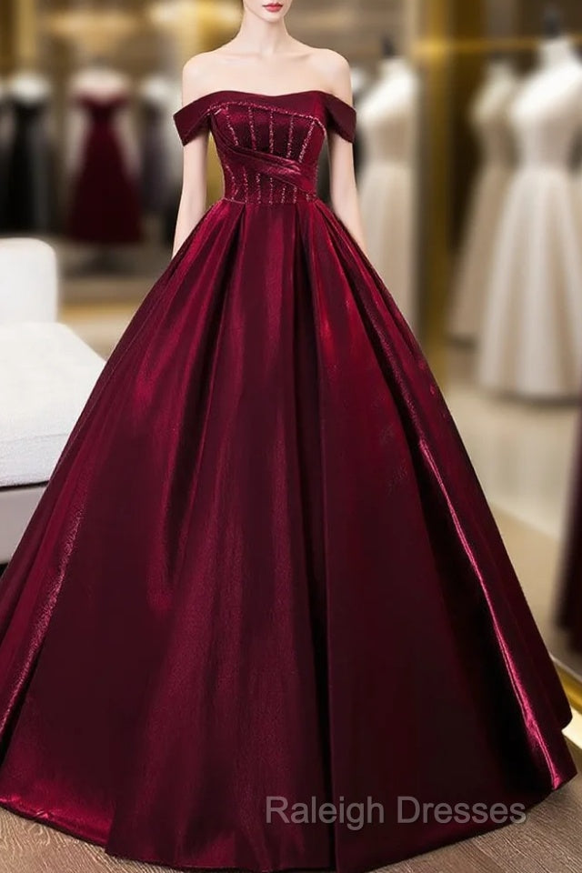 A-Line Off Shoulder Satin Burgundy Long Prom Dress, Burgundy Evening Dress With Beads Main image