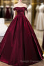 A-Line Off Shoulder Satin Burgundy Long Prom Dress, Burgundy Evening Dress With Beads