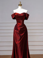 A-Line Off Shoulder Satin. Burgundy Long Formal Prom Dress, Burgundy Long Prom Dress