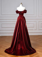 A-Line Off Shoulder Satin. Burgundy Long Formal Prom Dress, Burgundy Long Prom Dress