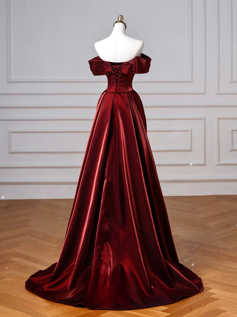 A-Line Off Shoulder Satin. Burgundy Long Formal Prom Dress, Burgundy Long Prom Dress
