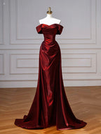 A-Line Off Shoulder Satin. Burgundy Long Formal Prom Dress, Burgundy Long Prom Dress
