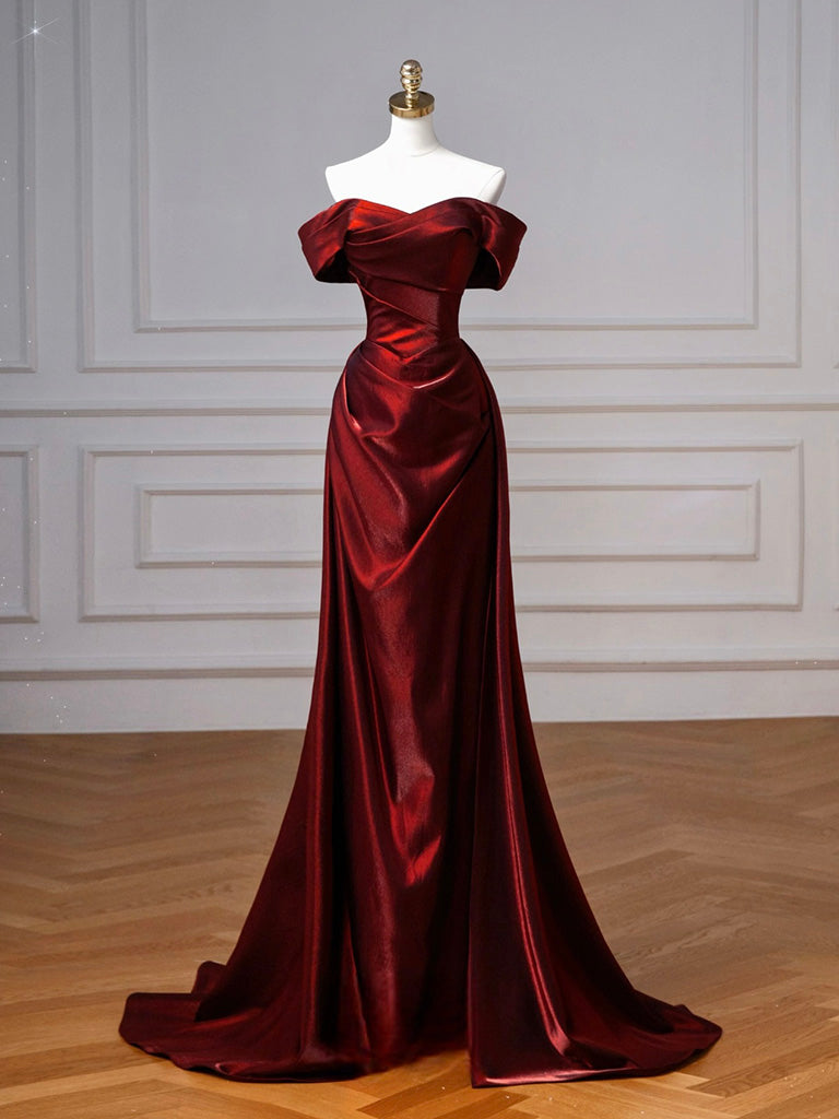A-Line Off Shoulder Satin. Burgundy Long Formal Prom Dress, Burgundy Long Prom Dress