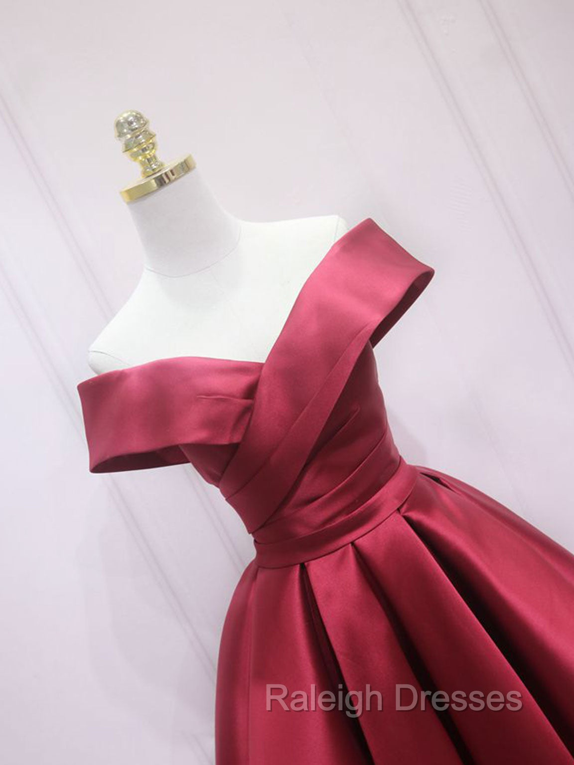 A-Line Off Shoulder Satin Burgundy Short Prom Dress, Burgundy Homecoming Dress Secondary image