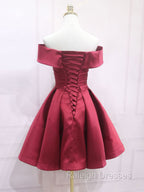 A Line Off Shoulder Satin Burgundy Short Prom Dress, Burgundy Homecoming Dress