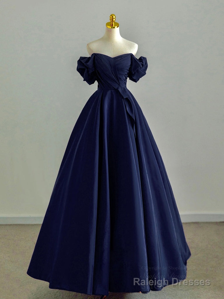 A-Line Off Shoulder Satin Dark Blue Long Prom Dress, Dark Blue Long Formal Dress Main image