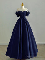 A-Line Off Shoulder Satin Dark Blue Long Prom Dress, Dark Blue Long Formal Dress