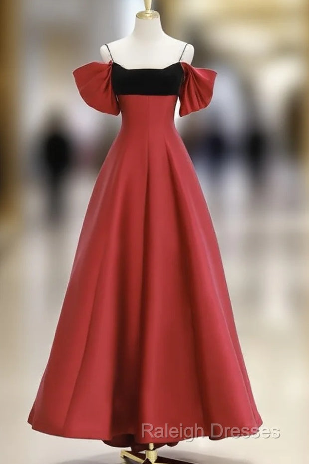 A-Line Off Shoulder Satin Dark Red Long Prom Dress, Red Long Formal Dress