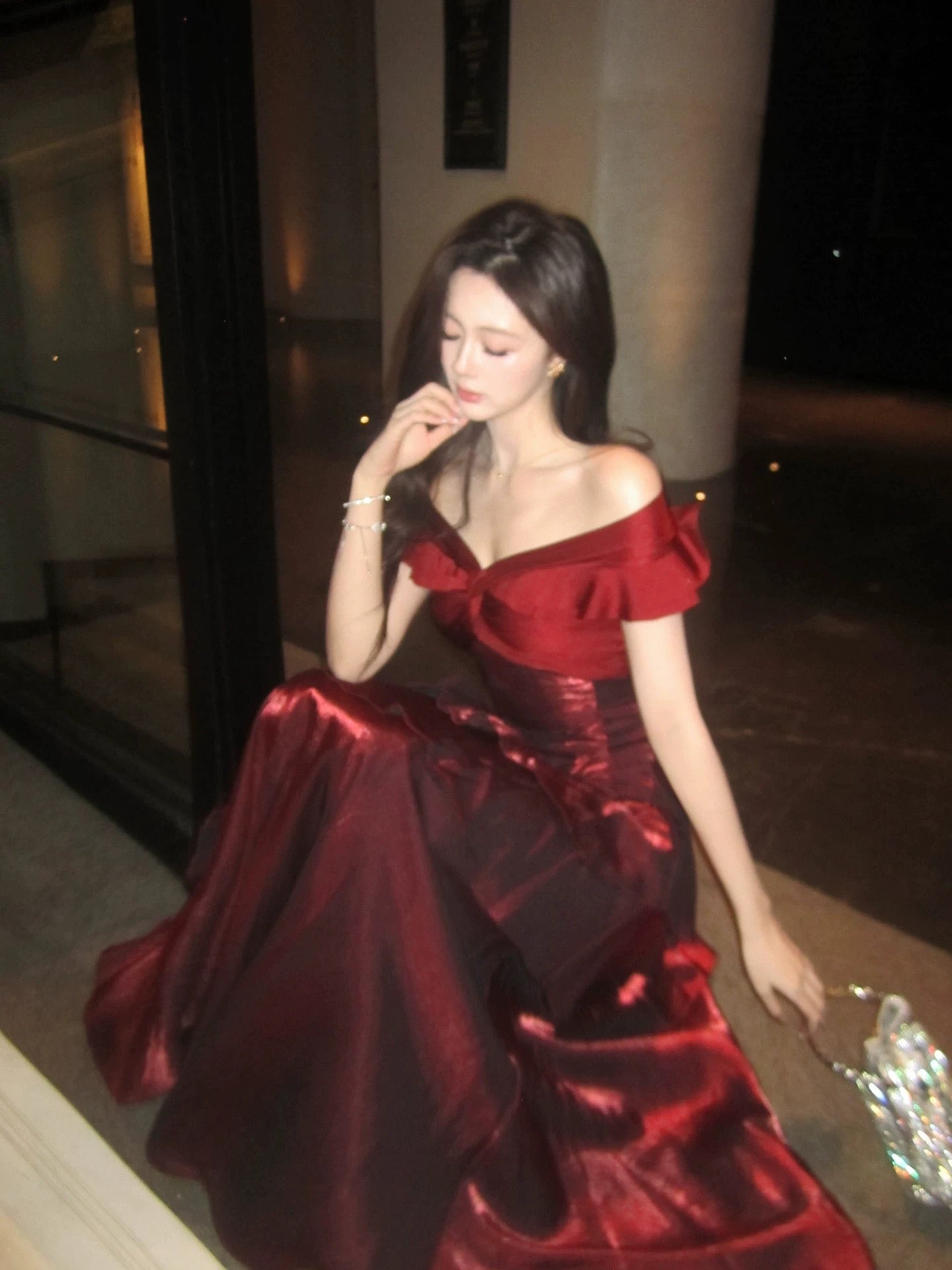 A-Line Off Shoulder Satin Floor Length Burgundy Formal Prom Dress