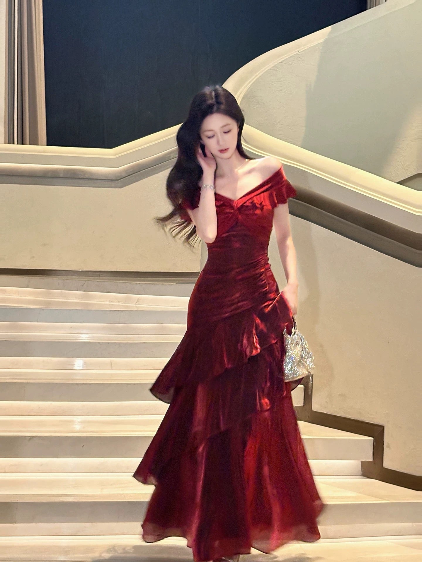 A-Line Off Shoulder Satin Floor Length Burgundy Formal Prom Dress
