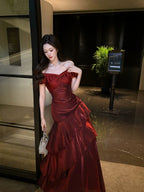 A-Line Off Shoulder Satin Floor Length Burgundy Formal Prom Dress