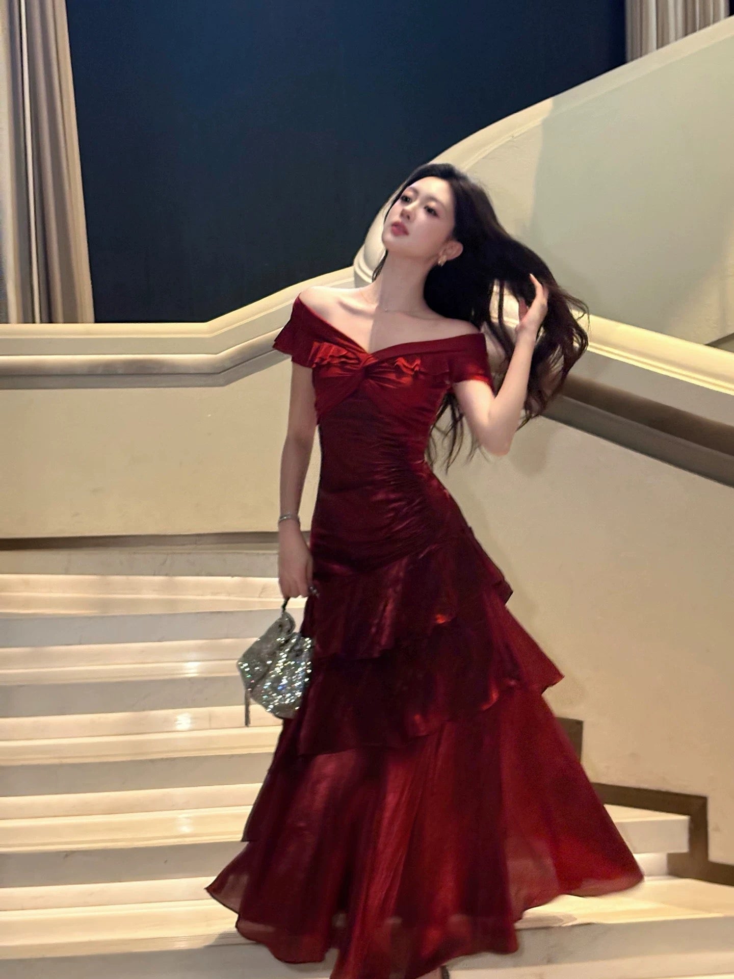 A-Line Off Shoulder Satin Floor Length Burgundy Formal Prom Dress