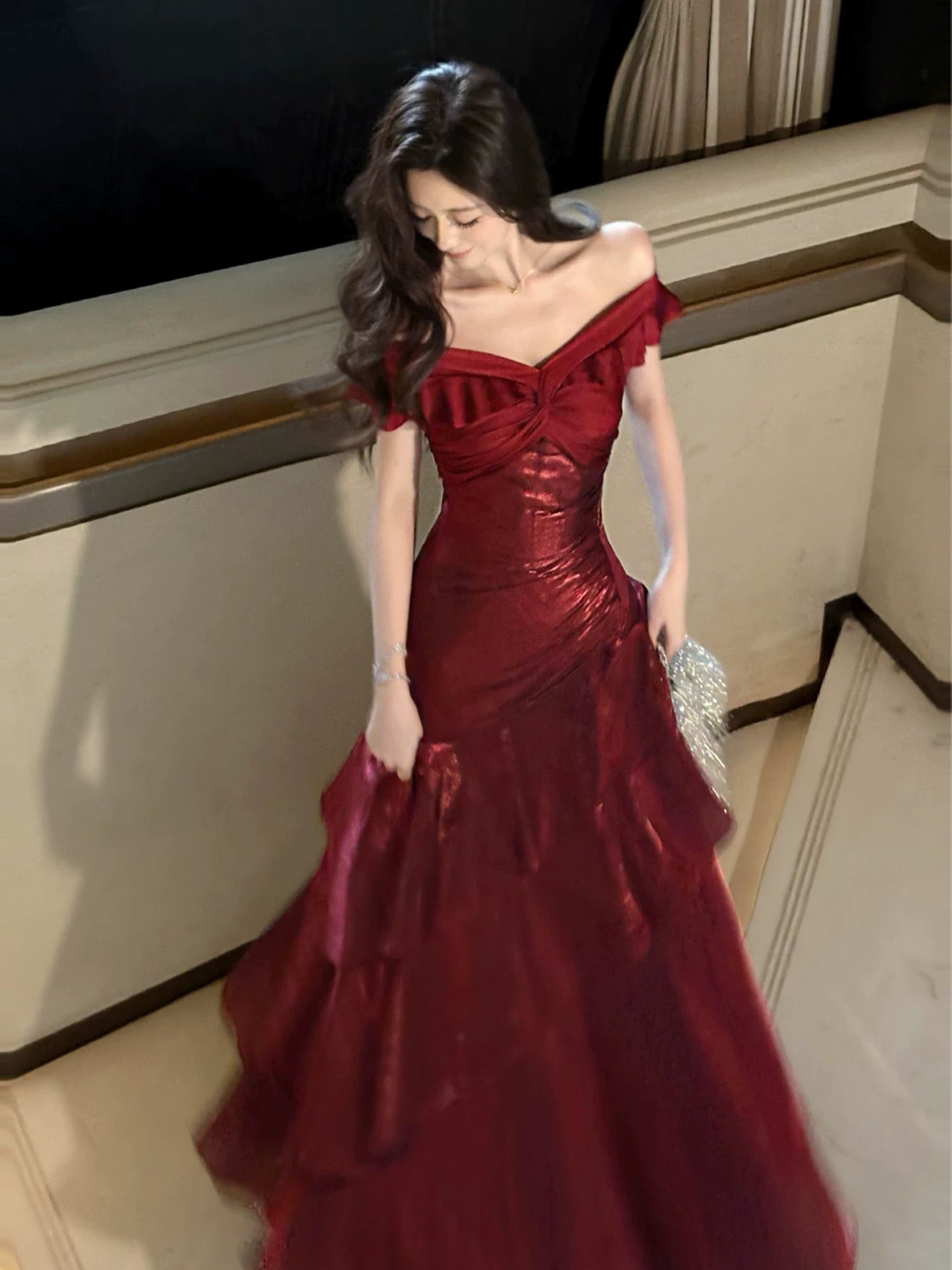 A-Line Off Shoulder Satin Floor Length Burgundy Formal Prom Dress Main image
