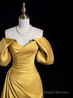 A-Line Off Shoulder Satin Gold Long Prom Dress, Gold Long Evening Dress