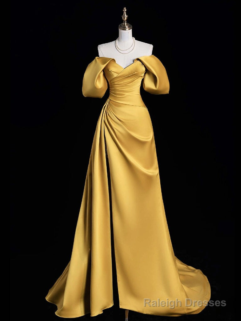 A-Line Off Shoulder Satin Gold Long Prom Dress, Gold Long Evening Dress Main image