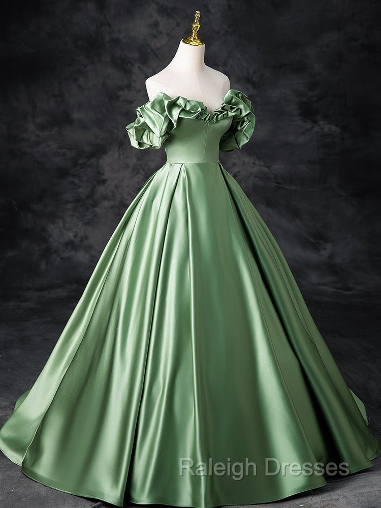 A-Line Off Shoulder Satin Green Long Prom Dress, Green Long Formal Dress