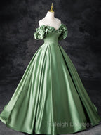 A Line Off Shoulder Satin Green Long Prom Dress, Green Long Formal Dress