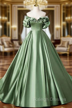 A-Line Off Shoulder Satin Green Long Prom Dress, Green Long Formal Dress