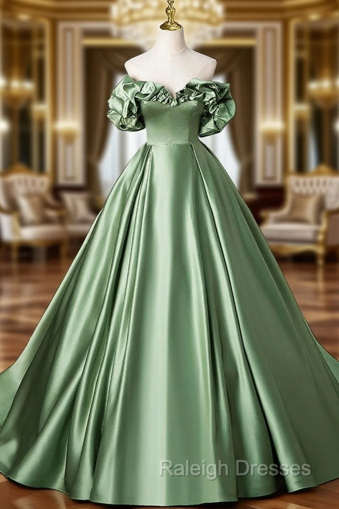 A-Line Off Shoulder Satin Green Long Prom Dress, Green Long Formal Dress