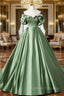A-Line Off Shoulder Satin Green Long Prom Dress, Green Long Formal Dress