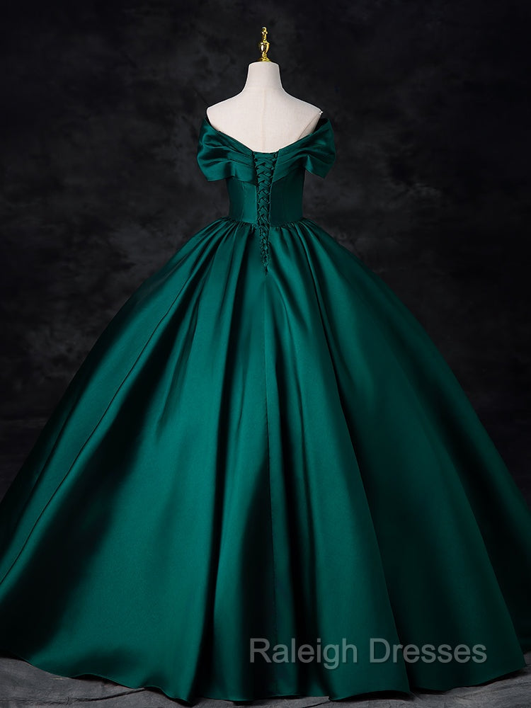 A-Line Off Shoulder Satin Green Long Prom Dress, Green Long Formal Dress
