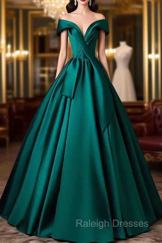 A-Line Off Shoulder Satin Green Long Prom Dress, Green Long Formal Dress Main image