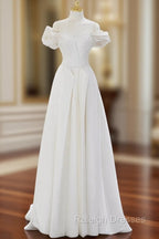 A-Line Off Shoulder Satin ivory Long Prom Dress, Ivory  Long Bridesmaid Dress
