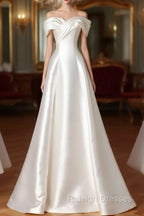A-Line Off Shoulder Satin ivory Long Prom Dress, Satin Long Formal Dress