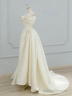A-Line Off Shoulder Satin Light Champagne Long Prom Dress
