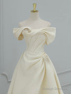 A-Line Off Shoulder Satin Light Champagne Long Prom Dress