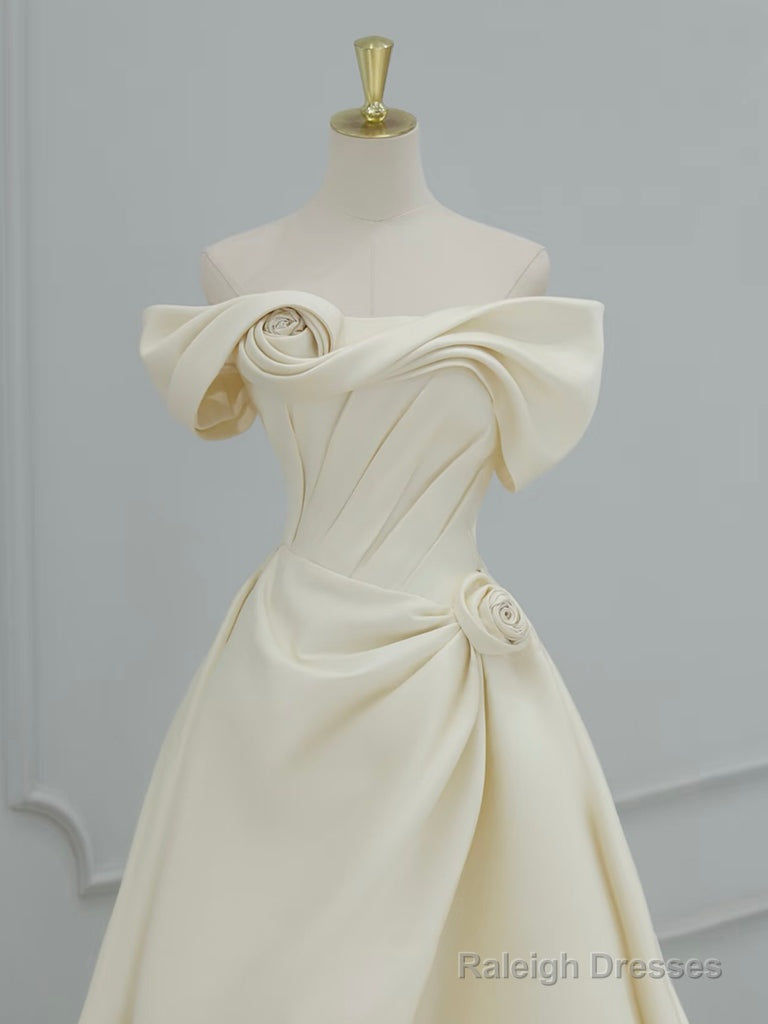 A-Line Off Shoulder Satin Light Champagne Long Prom Dress