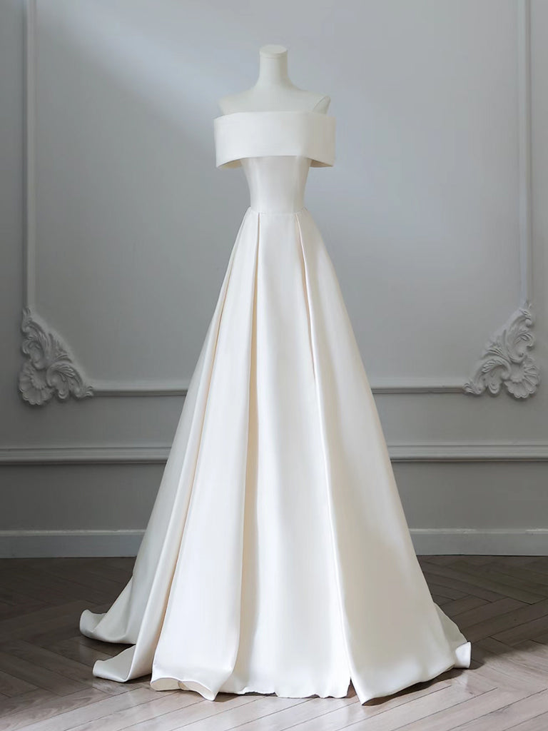 A-Line Off Shoulder Satin Light Champagne Long Formal Prom Dress, Light Champagne Prom Dress