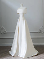 A-Line Off Shoulder Satin Light Champagne Long Formal Prom Dress, Light Champagne Prom Dress