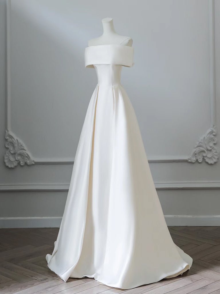 A-Line Off Shoulder Satin Light Champagne Long Formal Prom Dress, Light Champagne Prom Dress