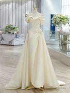 A-Line Off Shoulder Satin Light Champagne Long Prom Dress