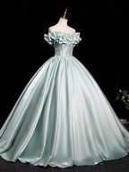 A-Line Off Shoulder Satin Light Green Long Formal Prom Dress, Light Green Long Formal Dress