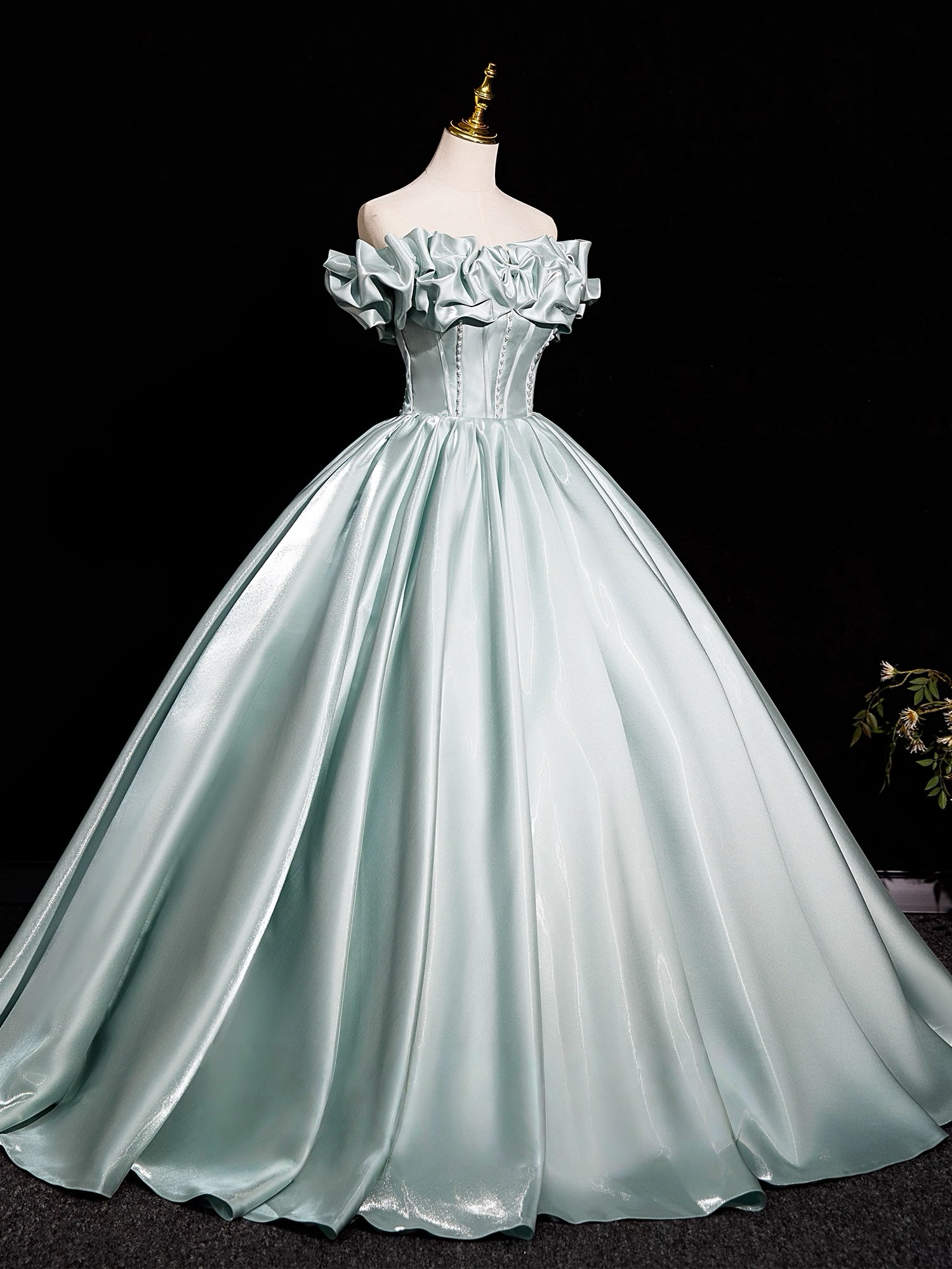 A-Line Off Shoulder Satin Light Green Long Formal Prom Dress, Light Green Long Formal Dress