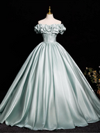 A-Line Off Shoulder Satin Light Green Long Formal Prom Dress, Light Green Long Formal Dress
