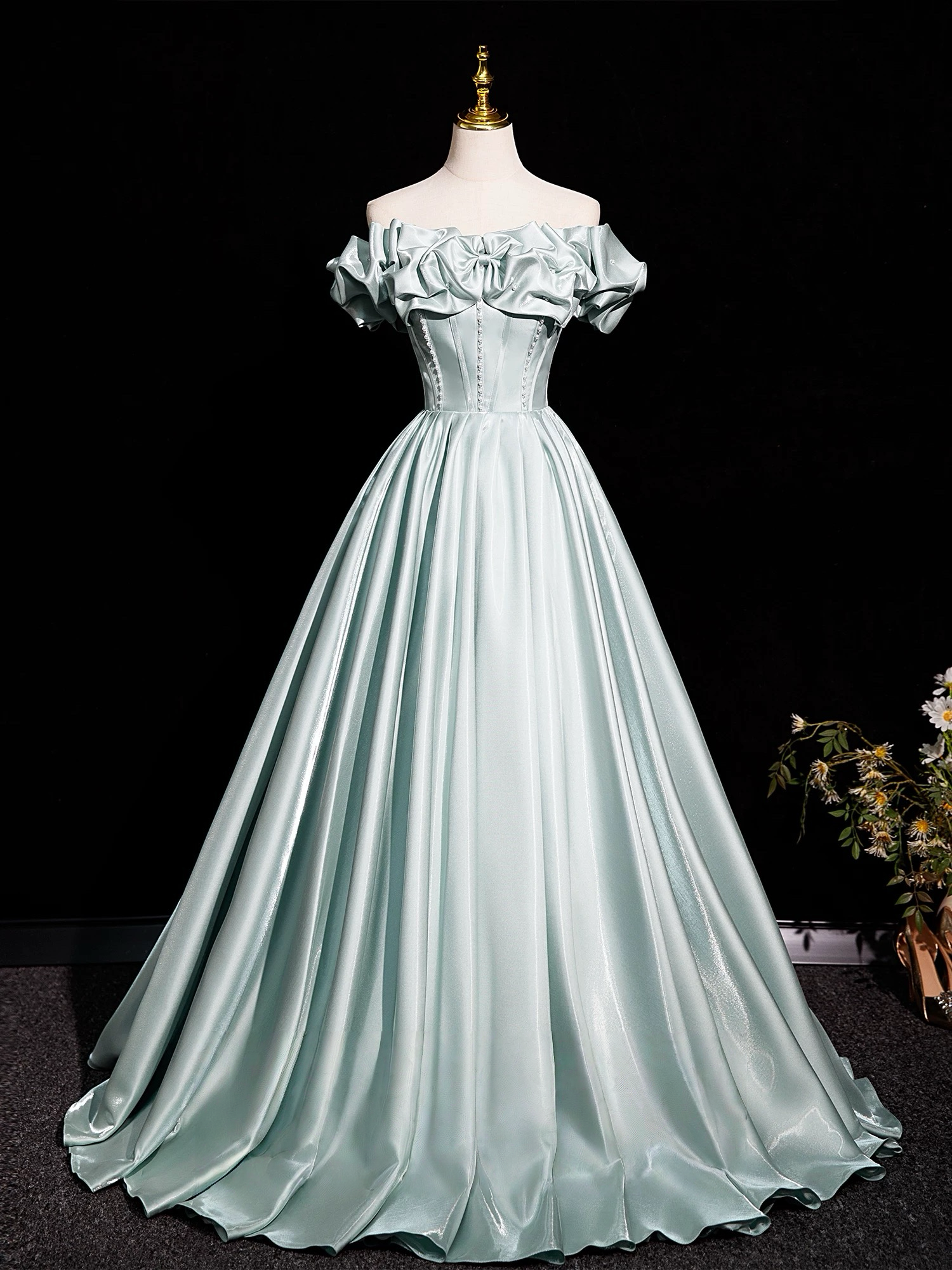 A-Line Off Shoulder Satin Light Green Long Formal Prom Dress, Light Green Long Formal Dress Main image