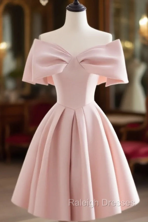 A-Line Off Shoulder Satin Pink Short Prom Dress, Pink Homecoming Dress