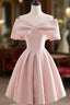 A Line Off Shoulder Satin Pink Short Prom Dress, Pink Homecoming Dress