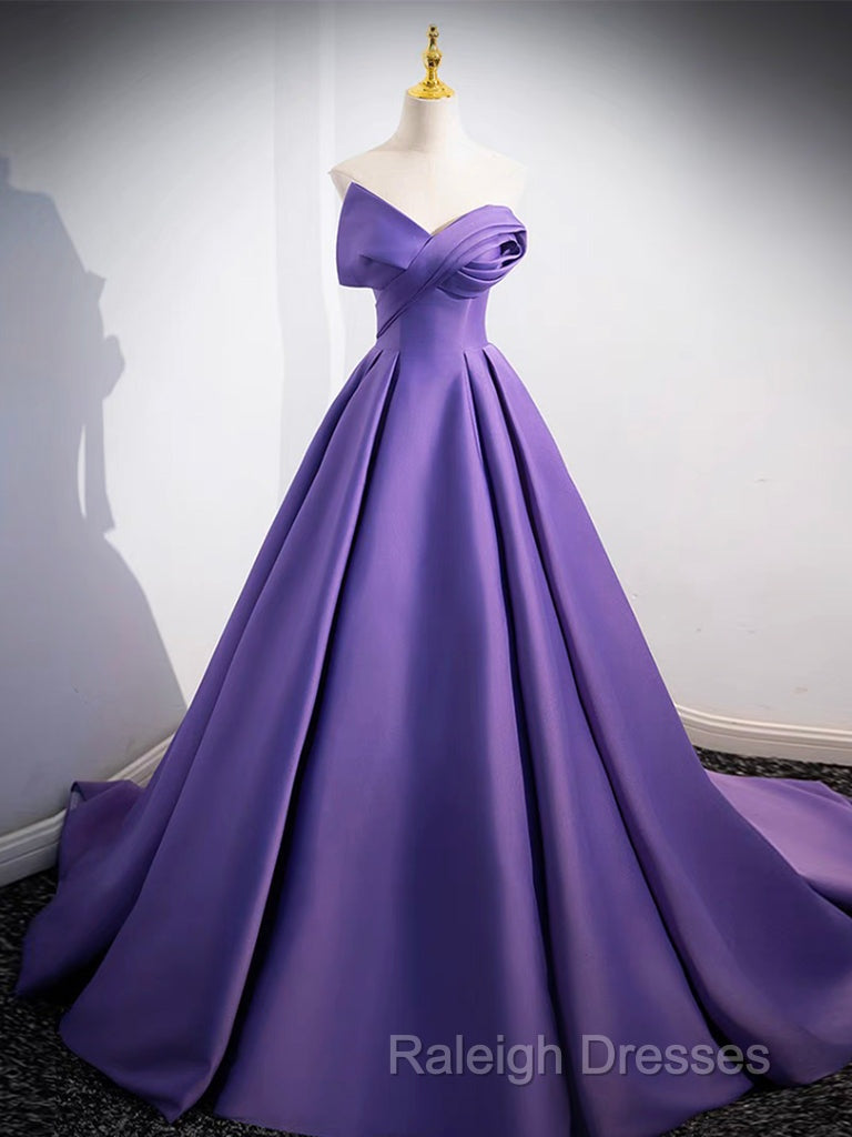 A-Line Off Shoulder Satin Purple Long Prom Dress, Purple Long Evening Dress Secondary image