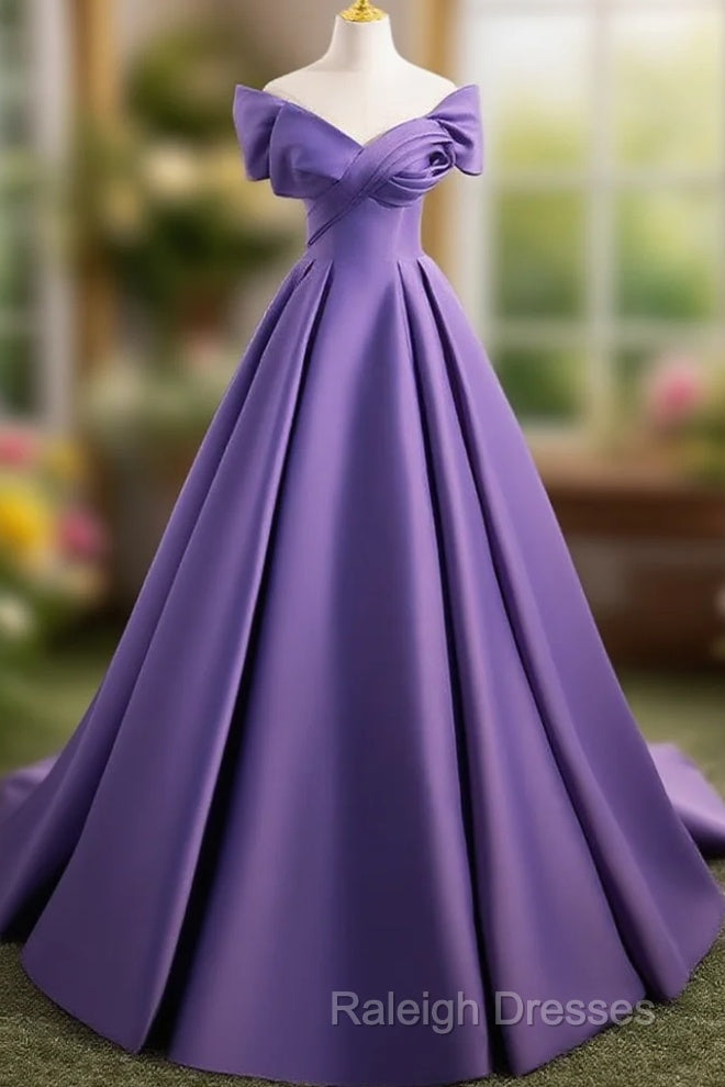 A-Line Off Shoulder Satin Purple Long Prom Dress, Purple Long Evening Dress Main image