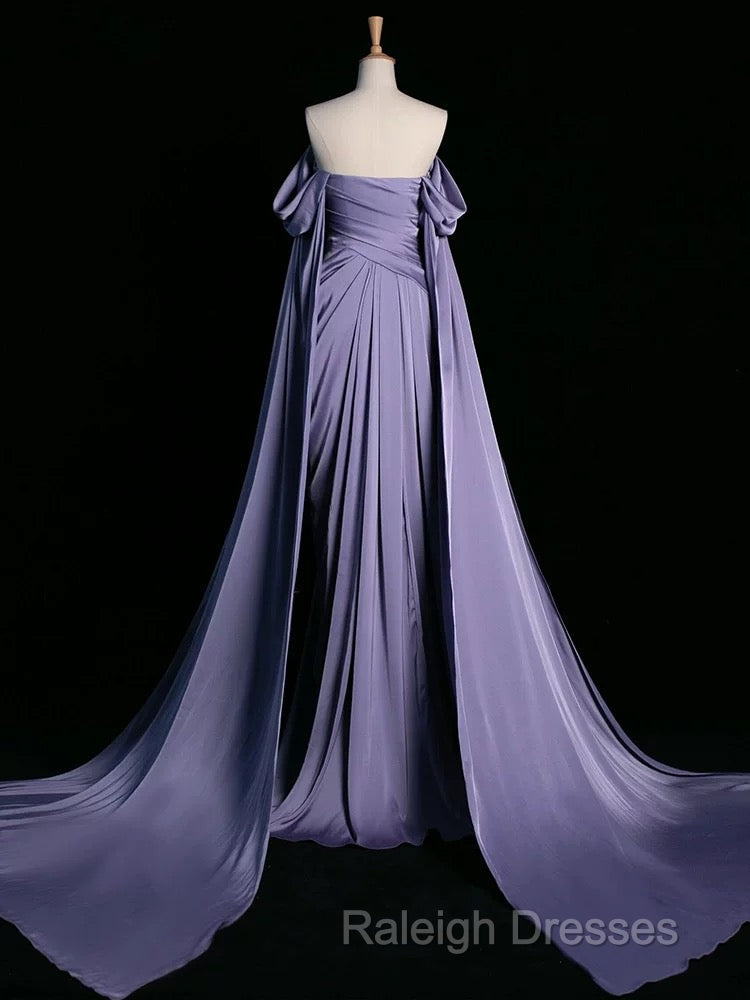 A-Line Off Shoulder Satin Purple Long Prom Dress, Purple Long Formal Dress Secondary image