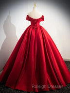 A-Line Off Shoulder Satin Red Ballgown Long Prom Dress Evening Dress Floor Length